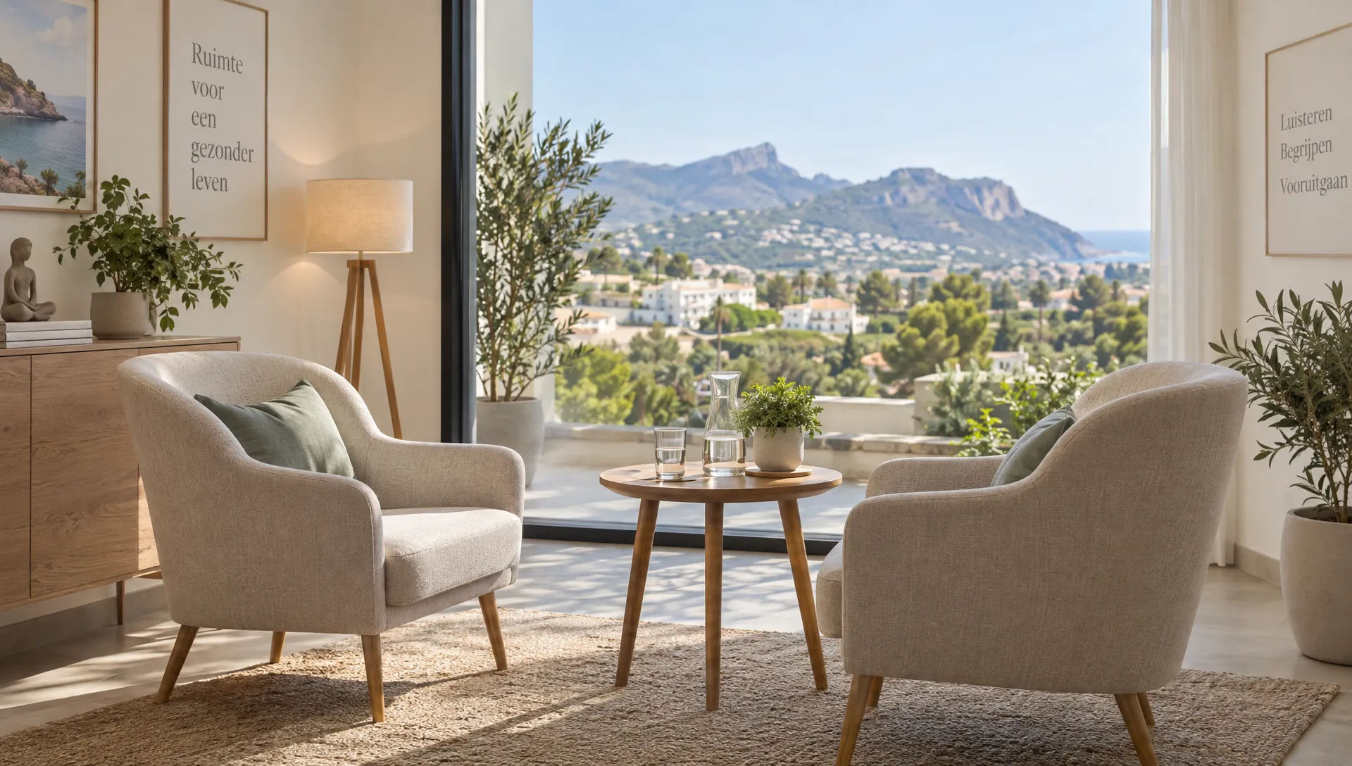 Twee comfortabele stoelen staan in een behandelruimte met een glas water op een bijzettafel en een raam met uitzicht op de heuvels van de Costa Blanca.