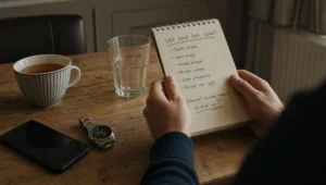 Twee handen houden een notitieblad vast naast een telefoon, horloge en leeg glas in een beeld over de gevolgen van drinken.