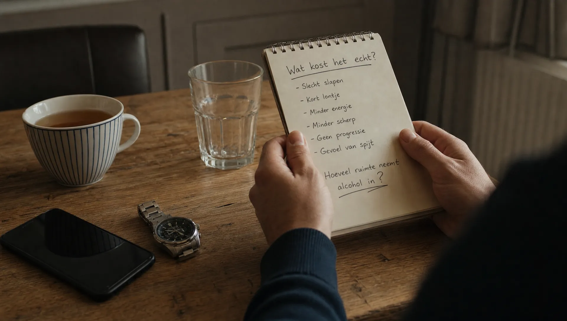 Twee handen houden een notitieblad vast naast een telefoon, horloge en leeg glas in een beeld over de gevolgen van drinken.