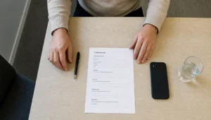 Twee handen leggen een intakeformulier en pen klaar voor een vertrouwelijke bespreking over seksverslaving hulp.