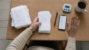 Two hands are sorting through papers and checking a phone at a kitchen table, as if someone were stuck in a cycle of repeated checks.