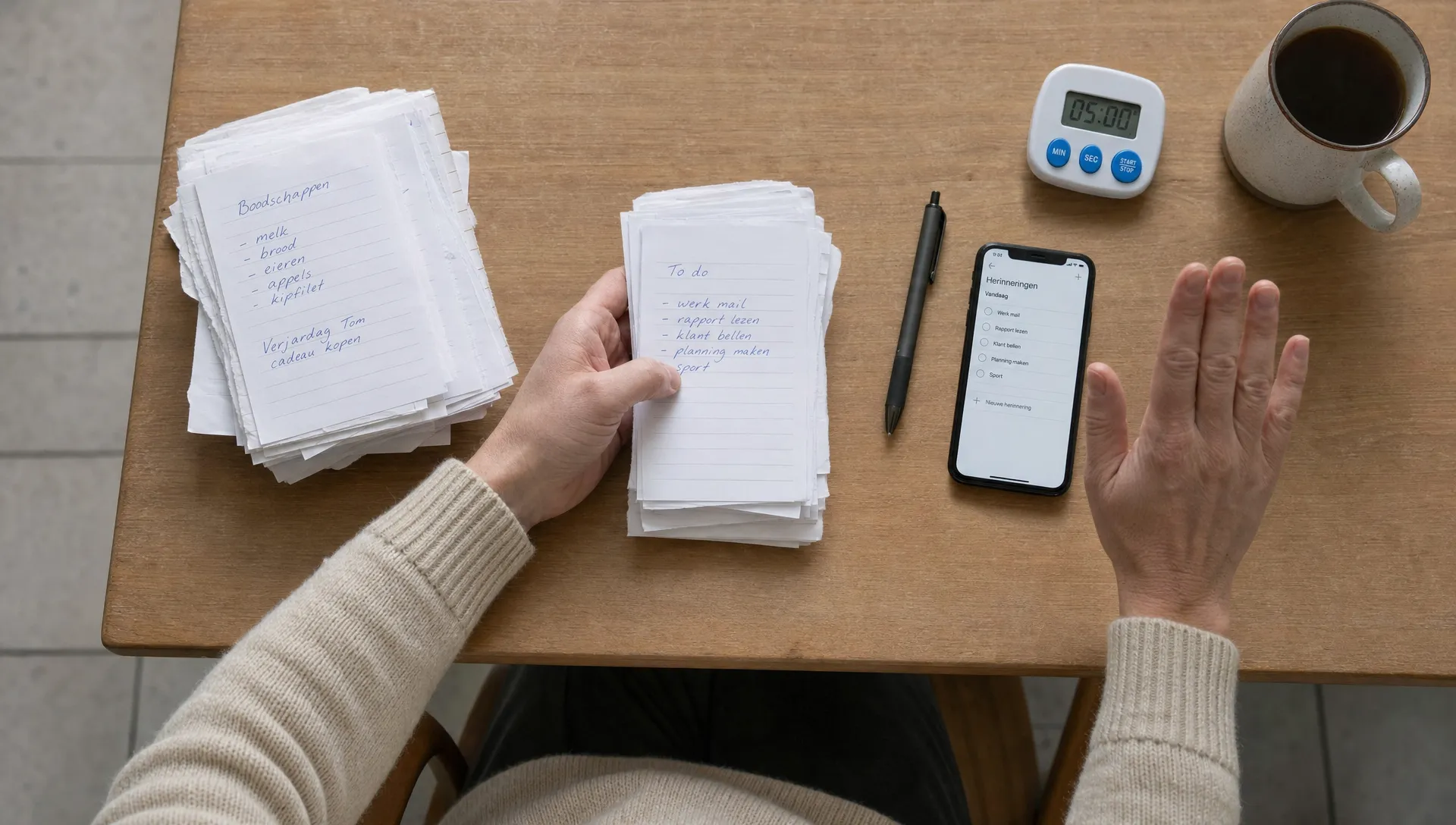 Two hands are sorting through papers and checking a phone at a kitchen table, as if someone were stuck in a cycle of repeated checks.