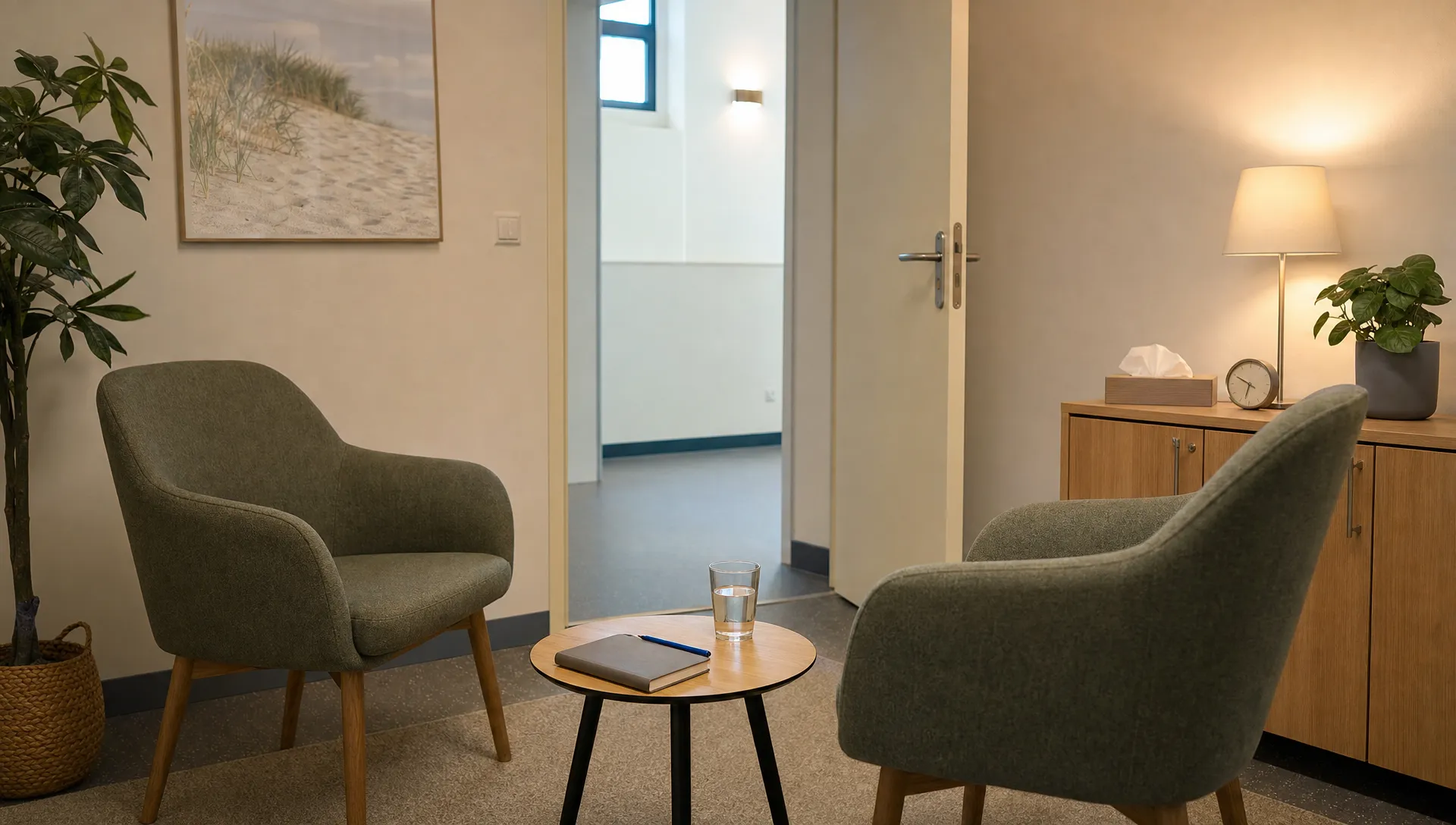 Twee stoelen, een notitieboek en glas water in een rustige ruimte voor een vertrouwelijk gesprek over seksverslaving hulp.