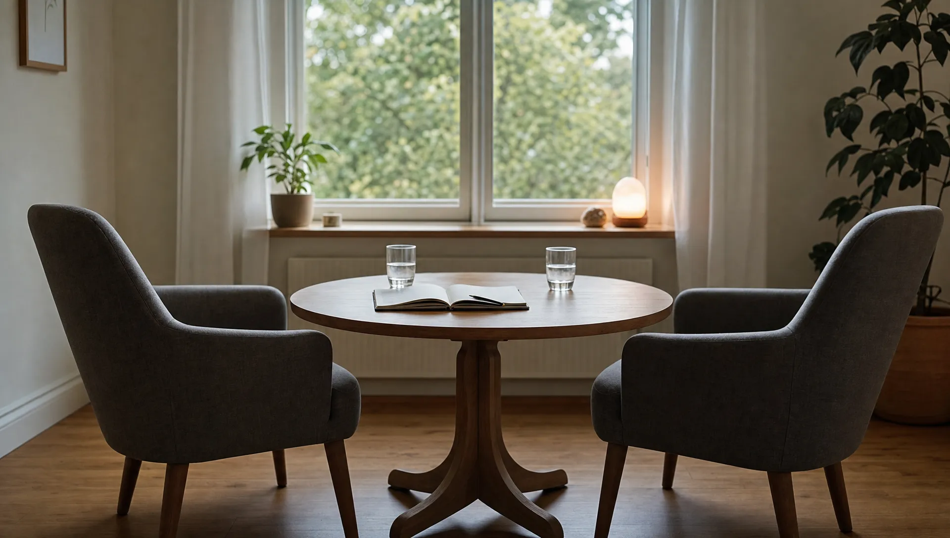 Twee stoelen tegenover elkaar met een open notitieboek en water op tafel, als beeld voor een rustig gesprek over grenzen in een relatie met een verslaafde.