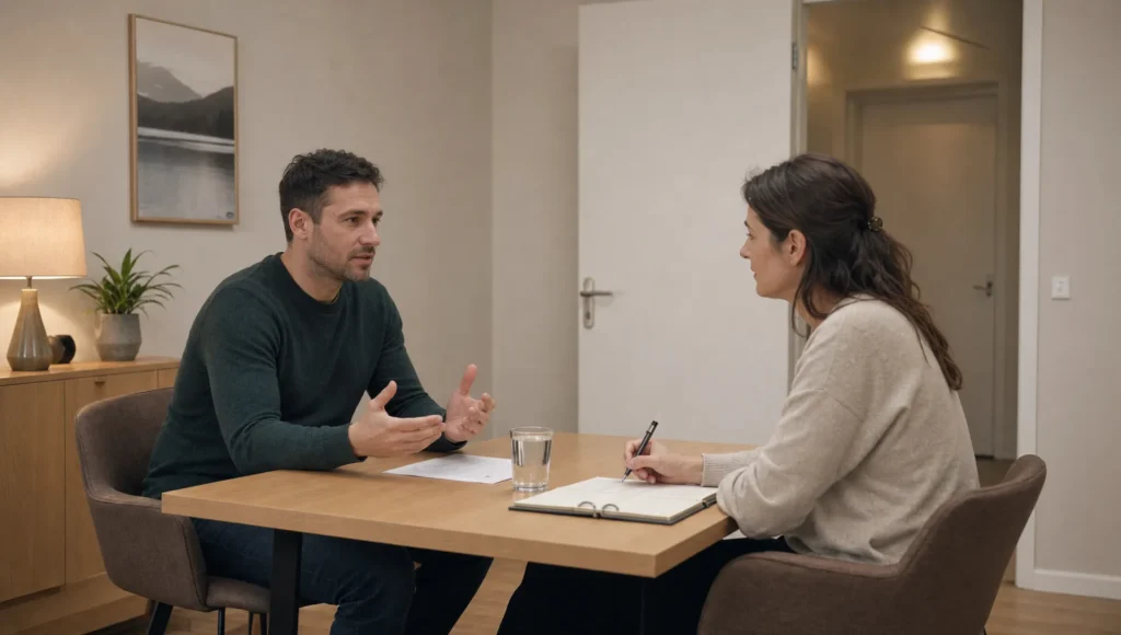 Twee volwassenen zitten in een rustige intakekamer met papieren, een notitieboek en een glas water tijdens een vertrouwelijk gesprek over behandeling.